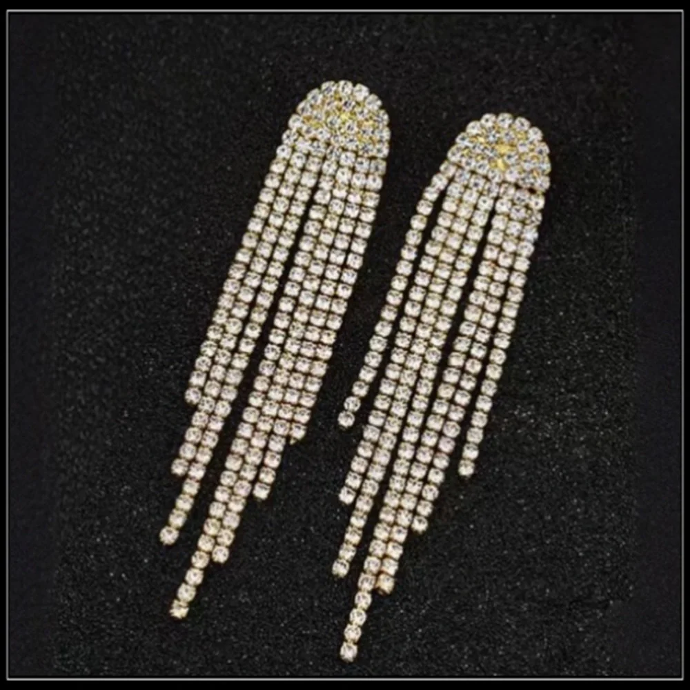 NEW GOLD SIMULATED DIAMOND LONG WATERFALL MULTI STRAND STONE EARRINGS